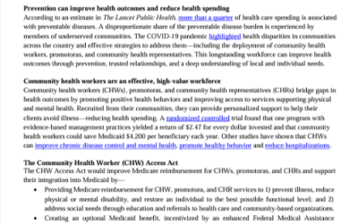CHW Access Act introduced by U.S. Senator Bob Casey (D-PA)
